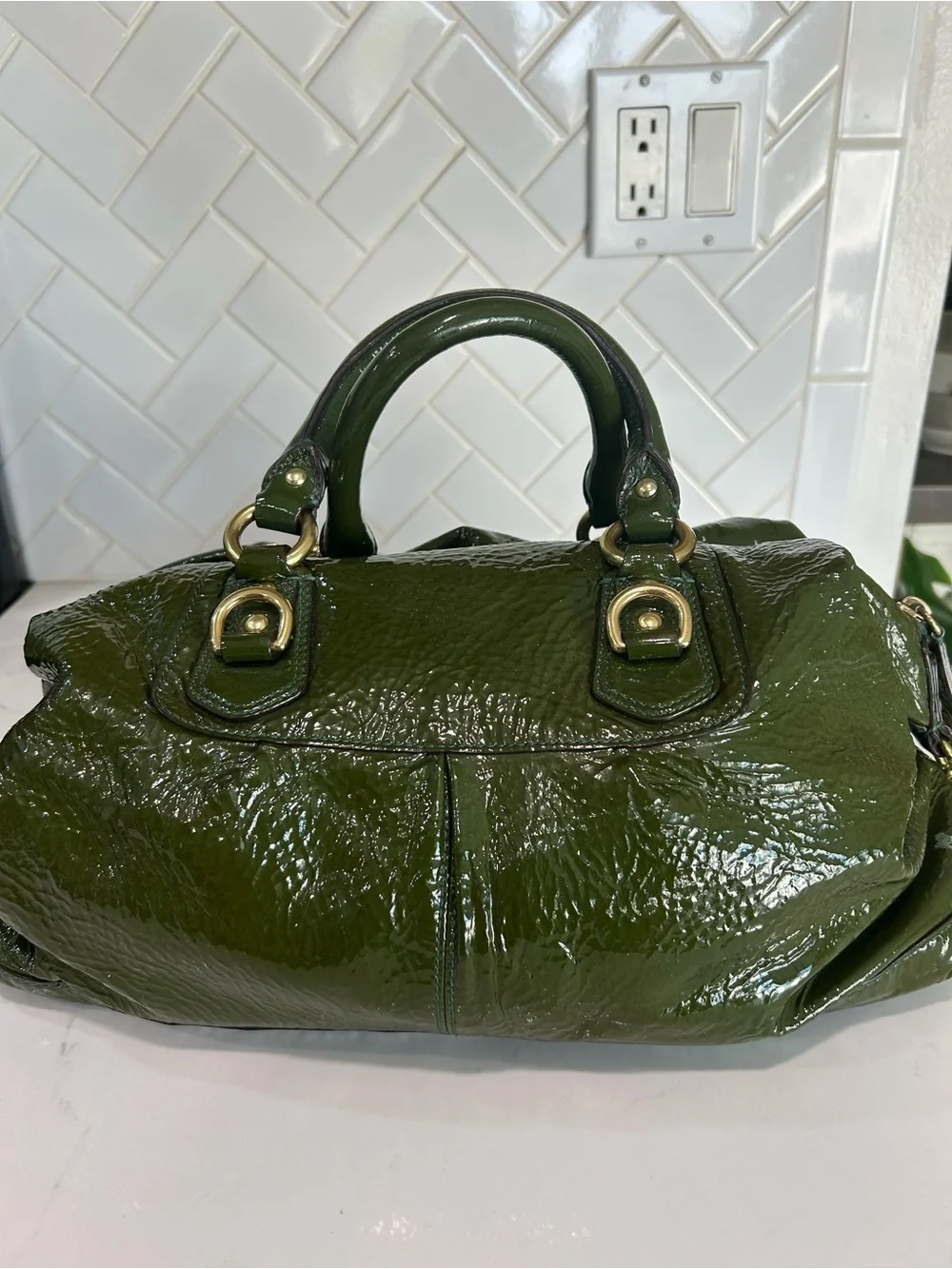 Coach Olive Green Patent Leather Satchel with Chain Strap